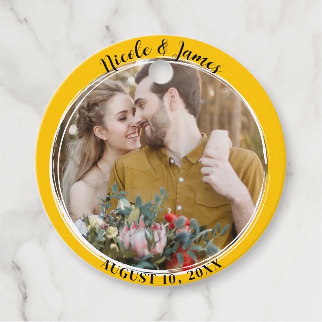 Gelbblütengelbe Minimalrunde Foto Hochzeit Geschenkanhänger (Vorderseite)