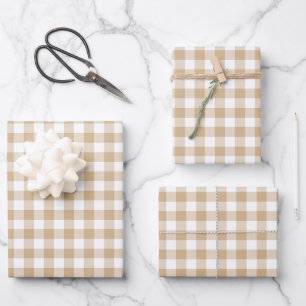 Gelbbraun Beige Weiß Gingham Karo Geschenkpapier Set