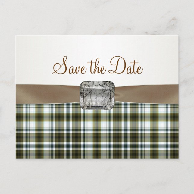Gelbbraun-Tartan-Muster Save the Date Postkarte (Vorderseite)