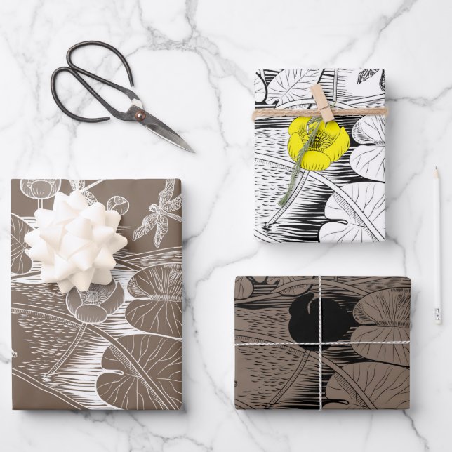 Gelbbraune Gravur der Seerosen Geschenkpapier Set (Vorderseite)