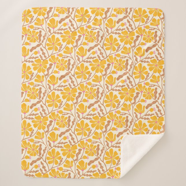 Gelbe Abstrakte Mitte des Jahrhunderts Moderne Blu Sherpadecke (Vorderseite)