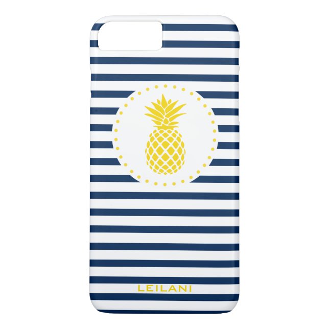 Gelbe Ananas-Marine-gestreiftes personalisiertes Case-Mate iPhone Hülle (Rückseite)
