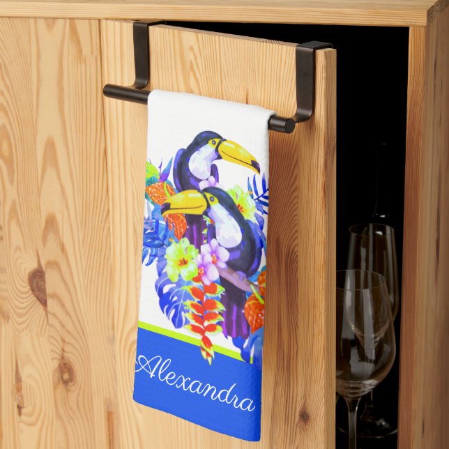 Gelbe Aquamarine Tukanvögel Tropische Blume Geschirrtuch (Drittel gefaltet)