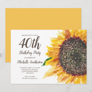 Gelbe Aquarell-Sonnenblume 40. Geburtstag Frauen Einladung