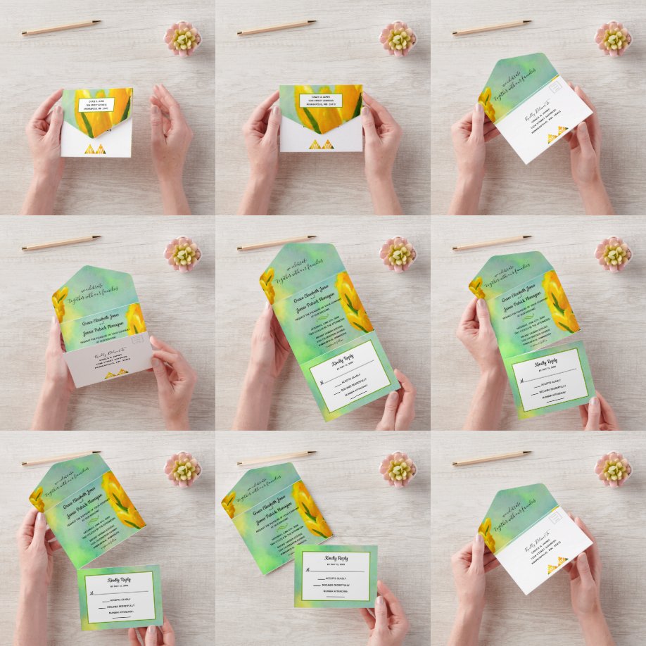 Gelbe Aquarell-Tulpen Hochzeitseinladung in einem All In One Einladung