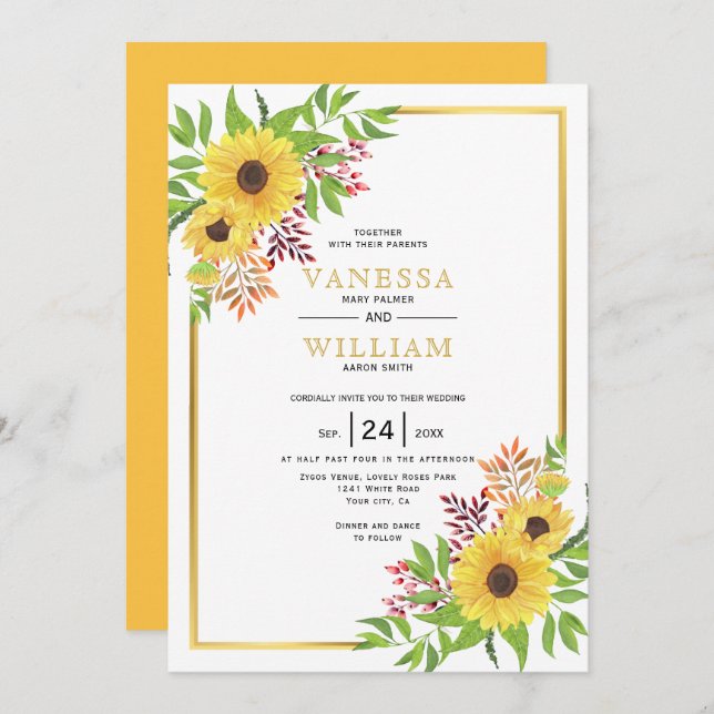 Gelbe Aquarellblumen, Goldrahmen-Hochzeit Einladung (Vorne/Hinten)