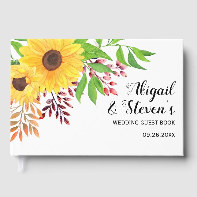 Gelbe Aquarellblumen, Hochzeit mit Typografie Gästebuch (Vorderseite)