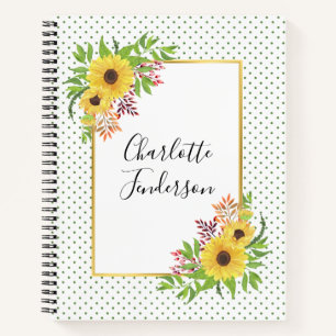 Gelbe Aquarellblumen, Rahmen- und Polka-Punkte Notizbuch