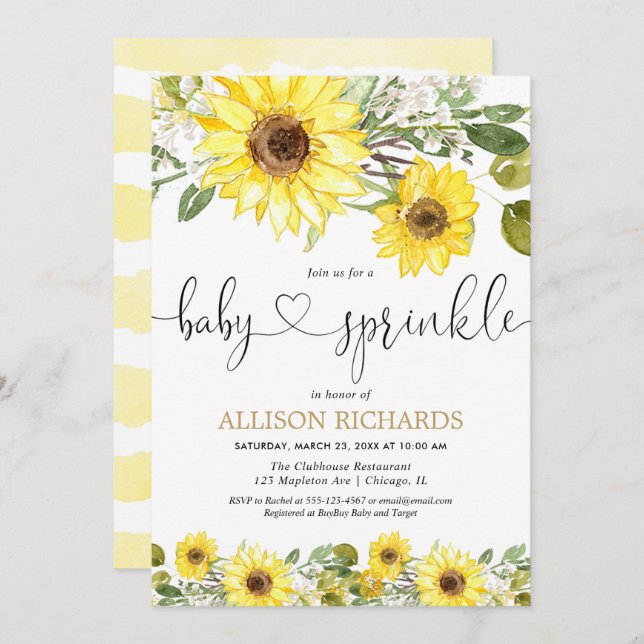 Gelbe Aquarellblüten Babysprinkle Einladung (Vorne/Hinten)