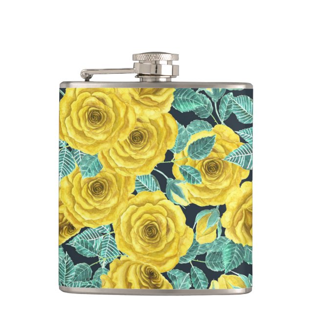 Gelbe Aquarellfarben-Rose mit Blätter und Knospen Flachmann (Vorderseite)