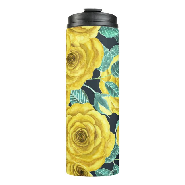 Gelbe Aquarellfarben-Rose mit Blätter und Knospen Thermosbecher (Vorderseite)