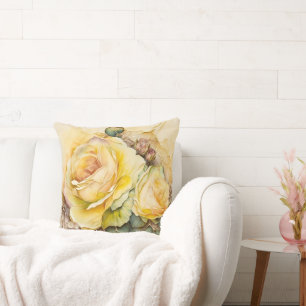 Gelbe Aquarellrose vergrößert Kissen