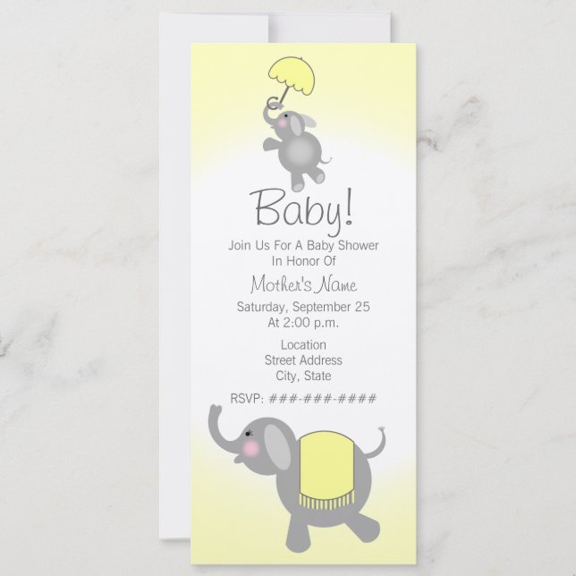 Gelbe Babyparty-Mutter u. Baby-Elefant laden ein Einladung (Vorderseite)