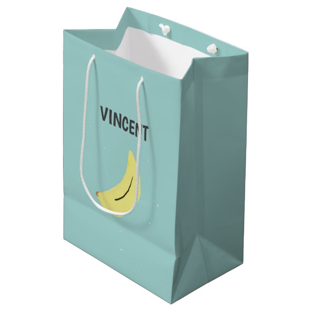Gelbe Banane zeichne blau personalisiert Mittlere Geschenktüte (Vorderseite Schrägansicht)
