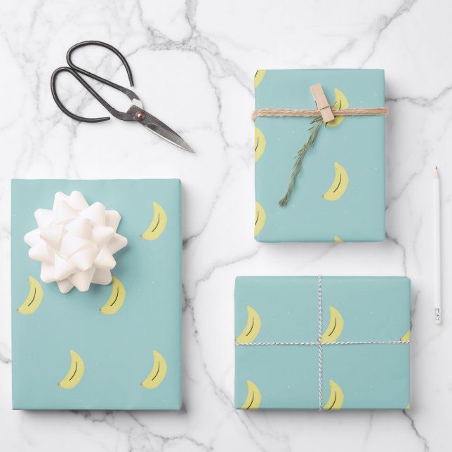 Gelbe Banane zeichne blaues Muster Geschenkpapier Set (Vorderseite)