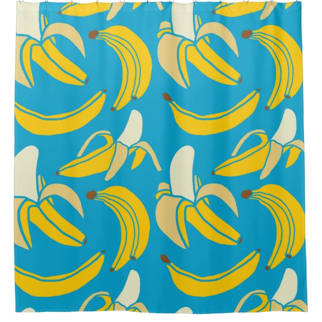 Gelbe Bananen, blaues Hintergrundmuster Duschvorhang (Vorderseite)