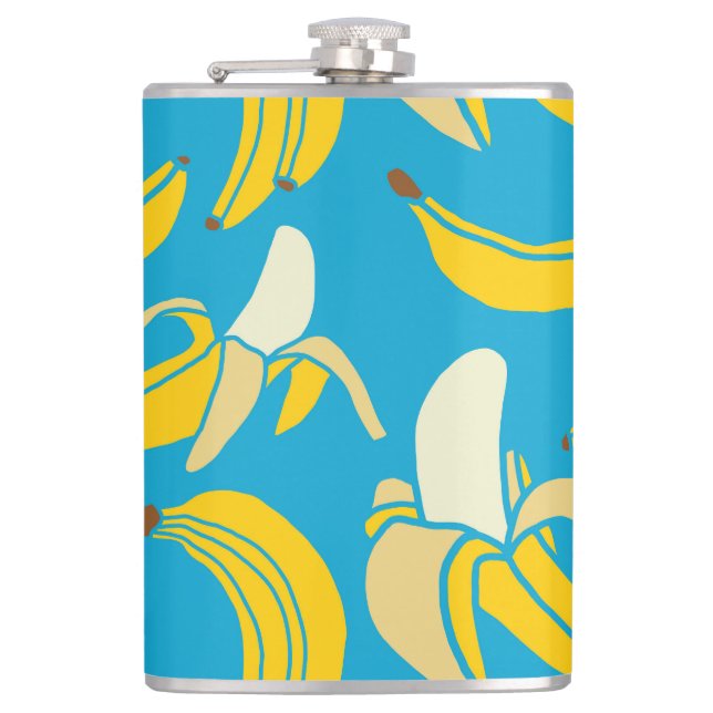 Gelbe Bananen, blaues Hintergrundmuster Flachmann (Vorderseite)