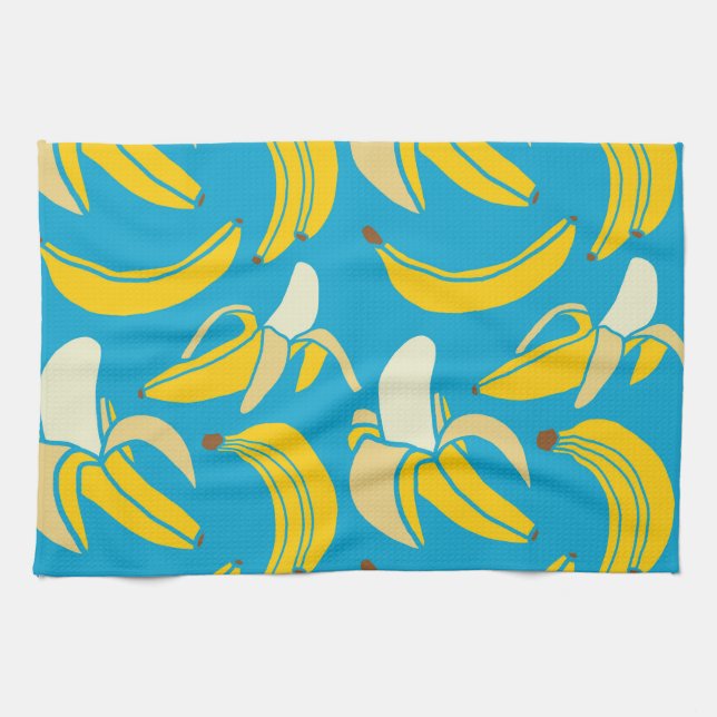 Gelbe Bananen, blaues Hintergrundmuster Geschirrtuch (Horizontal)