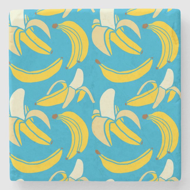 Gelbe Bananen, blaues Hintergrundmuster Steinuntersetzer (Vorderseite)