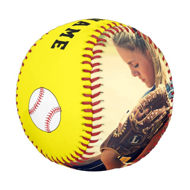 Gelbe Baseball mit Teamname Nummer Foto (Schrägansicht)