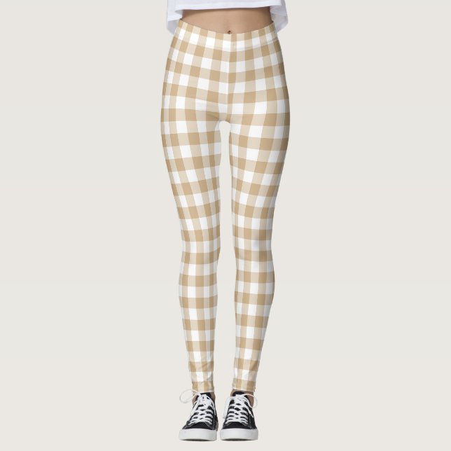 Gelbe Beige Weiße Gingham Karo Leggings (Vorderseite)