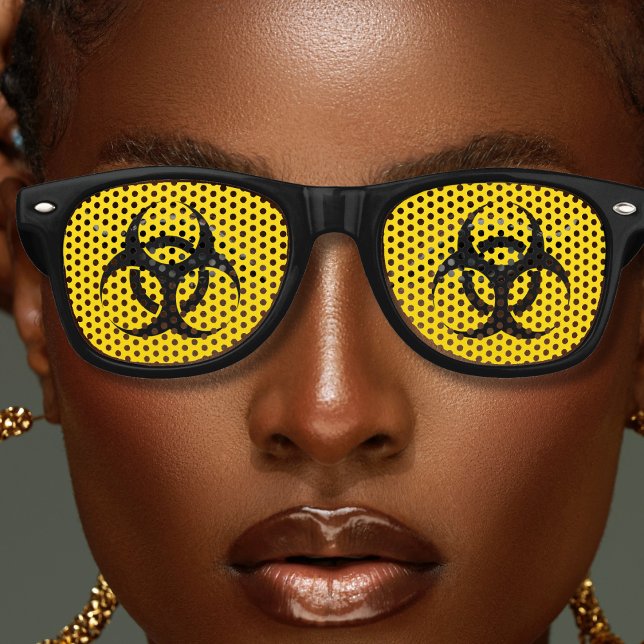 Gelbe Biogefährdung kontaminierter Bereich Vorsich Partybrille (yellow and black biohazard retro sunglasses)