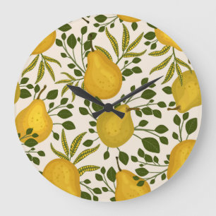 Gelbe Birnen Blätter Weißer Hintergrund Große Wanduhr
