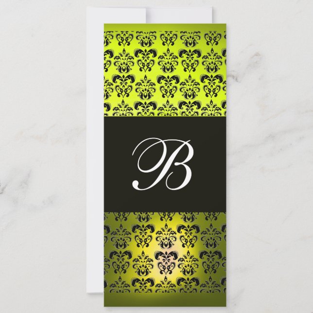 GELBE BLACK DAMASK MONOGRAMM, weiß Einladung (Vorderseite)