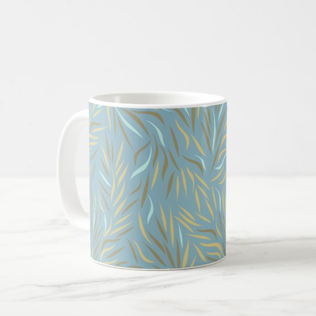 Gelbe Blätter Blau Modernes Muster Kaffeetasse (Vorderseite Links)