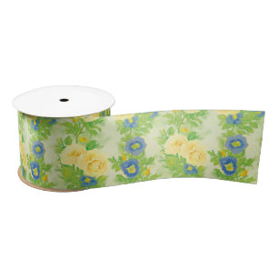 Gelbe Blau-Winden-Blumenmuster der Rosen- Satinband