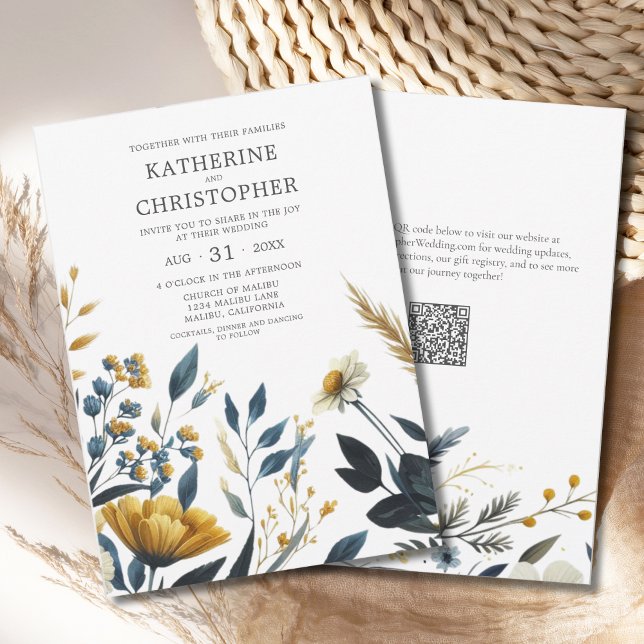 Gelbe blaue Aquarellfarben Wildblumen Elegante Hoc Einladung (Blue Yellow Elegant Wildflowers Wedding Invitation with QR Code for Wedding Website.)
