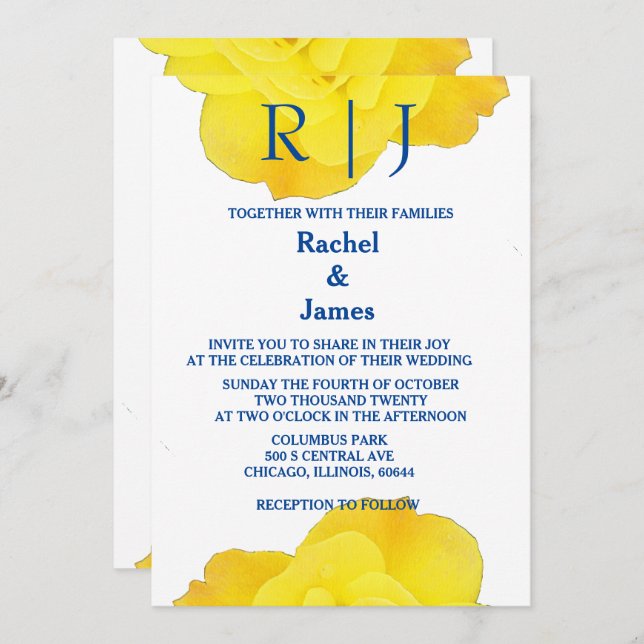Gelbe blaue blühende Rose Elegante Coole Hochzeit Einladung (Vorne/Hinten)