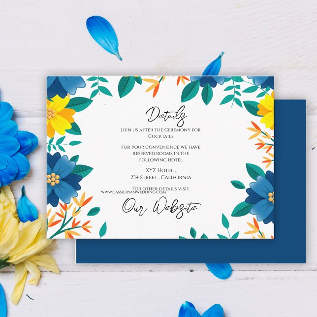 Gelbe blaue Blume Elegante Hochzeitsdetails Begleitkarte (Yellow Blue Floral Elegant Wedding Details Enclosure Card)