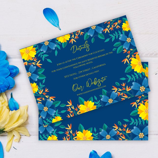 Gelbe blaue Blume Elegante Hochzeitsdetails Begleitkarte (Yellow Blue Floral Elegant Wedding Details Enclosure Card)