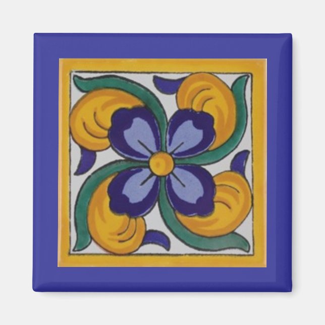 Gelbe blaue Blume Spanischer Tile Magnet (Vorne)