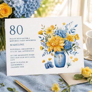 Gelbe Blaue Blumen Cottage Garten 80. Geburtstag Einladung