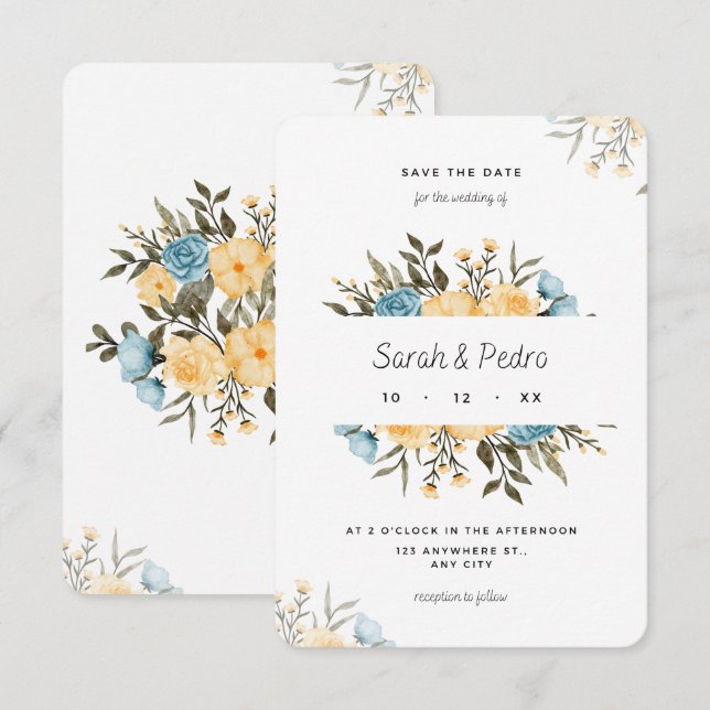 Gelbe blaue Blütenfarbenflorenkarte Save the Date (Vorne/Hinten)