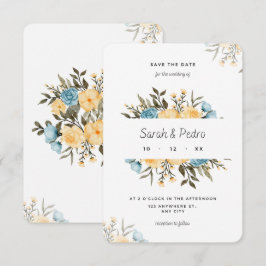 Gelbe blaue Blütenfarbenflorenkarte Save the Date
