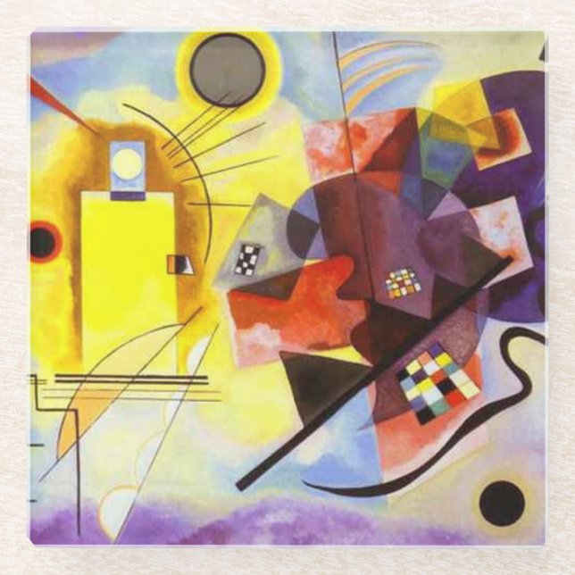 Gelbe blaue Kandinsky-Abstrakte Malerei Glasuntersetzer (Vorderseite)