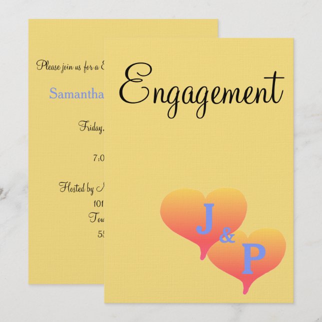 Gelbe blaue Monogramm-Verlobung Einladung (Vorne/Hinten)