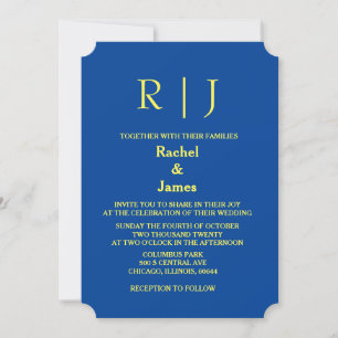 Gelbe blaue Monogramme Minimal Elegante Hochzeit Einladung