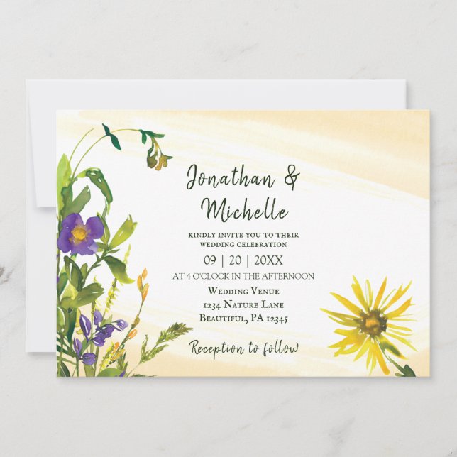 Gelbe blaue rustikale Wildblumen Christlich Hochze Einladung (Vorderseite)