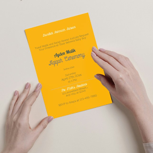 Gelbe blaue Solid-Farbe Schlicht, Aqiqah Babydusch Einladung (Von Creator hochgeladen)