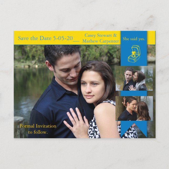 Gelbe blaue Verlobung Postkarte (Vorderseite)