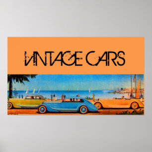 GELBE BLAUE VINTAGE CARS AUF DER STRANDSTRASSE POSTER