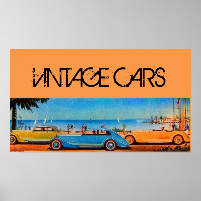 GELBE BLAUE VINTAGE CARS AUF DER STRANDSTRASSE POSTER (Vorne)