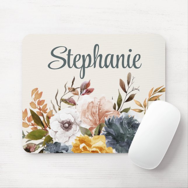 Gelbe blaue Wasserfarbe Blumengrün Name Mousepad (Mit Mouse)