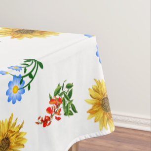 Gelbe Blaue Wildblumen Blumen auf Weiß  Tischdecke