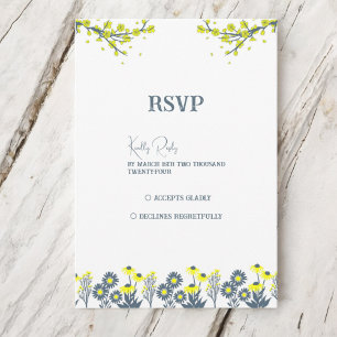 Gelbe Blaue Wildblumen Blumen Boho Hochzeit RSVP Karte