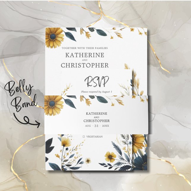 Gelbe blaue Wildblumen Elegante Hochzeit Einladungsbanderole (Blue Yellow Wildflowers Elegant Wedding Belly Band to tie together invitation package.)